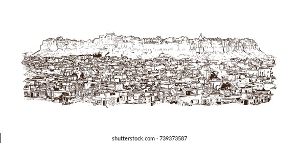 Sketch of Jaisalmer fort in the Indian state of Rajasthan. Vector illustration.