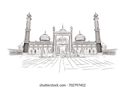Sketch of Jama Masjid, Delhi in vector illustration. 17th-century, red sandstone Mughal-style mosque with a 25,000 capacity & 40m high minarets. Hand drawn sketch illustration.