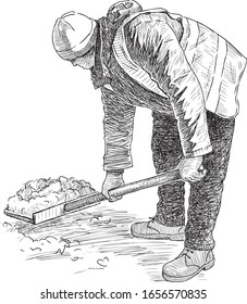 Sketch of janitor with a shovel to clear snow