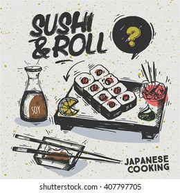 Sketch Japanese culture set - sushi, rolls, soy sauce, lettering