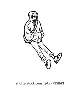 Sketch Japanese Korean Chinese Asian Happy hoodie boy man guy with Cool style laying on the ground isolated on white background vector modern illustrations