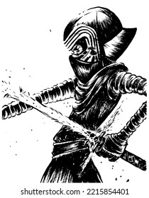 Sketch of japanese samurai drawn with ink pend. Cartoon illustration hand drawn ink. Vector isolated