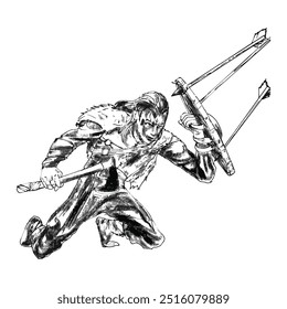 sketch of japanese warrior carrying an axe and fending off arrows with a shield