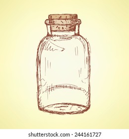 Sketch jar with cork in vintage style, vector