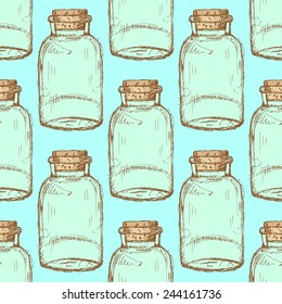 Sketch jar with cork in vintage style, vector seamless pattern