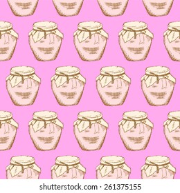  Sketch jar of jam in vintage style, vector seamless pattern