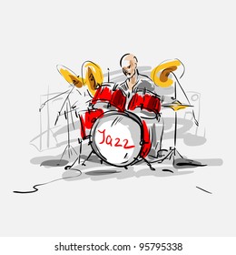 Esbozo. Baterista de jazz. Ilustración vectorial.