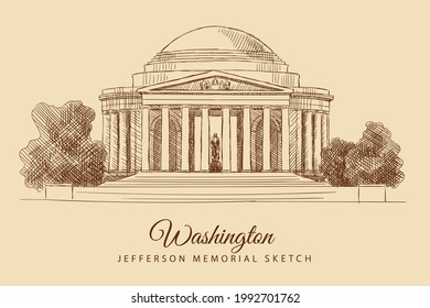 Sketch of the Jefferson Memorial, Washington, USA, hand-drawn.