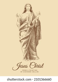 Sketch of Jesus Christ in full height, in long antique clothes, with his hands raised up. Engraving portrait of Christian God. Religious design.  Vintage card, hand-drawn, vector. Old design.