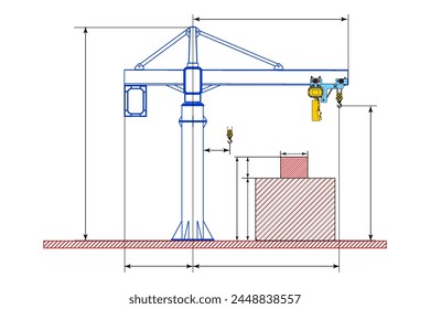 Sketch of a jib crane with dimensions. Crane on a support. Dimensional drawing.