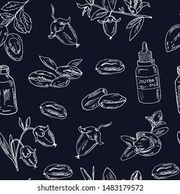 Sketch of jojoba elements. Hand drawn doodle Seamless pattern. Vector illustration. Isolated elements on chalkboard background. Symbol collection.
