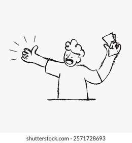 Sketch of a joyful person holding money, expressing excitement. Simple line art, happy expression, and cash in hand convey enthusiasm and success. Simple black line art doodle vector.