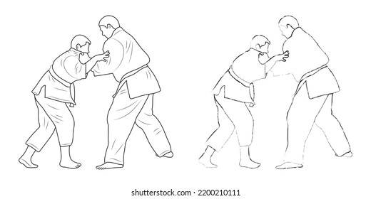 Sketch Judoist, Judoka Athlete Duel, Fight, Judo, Different Pack Of Sport Figure Silhouette Outline