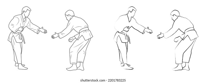 Sketch Judoist, Judoka Athlete Duel, Fight, Judo, Different Pack Of Sport Figure Silhouette Outline