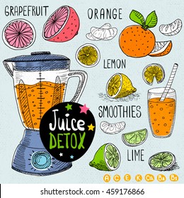 Sketch Juice detox set. Citrus, smoothies, orange, grapefruit, lemon, lime.