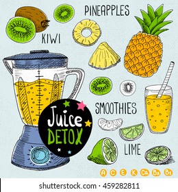 Sketch Juice Detox Set. Hand Drawn Doodle Style. Smoothies, Kiwi, Lime, Pineapple.