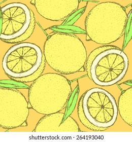 Sketch juicy lemon in vintage style, vector seamless pattern