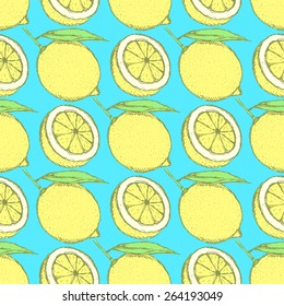 Sketch juicy lemon in vintage style, vector seamless pattern