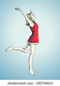 Sketch of Jumping woman in Christmas dress Hand drawn illustration