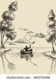 Sketch of a kayaker on the river towards the sunrise