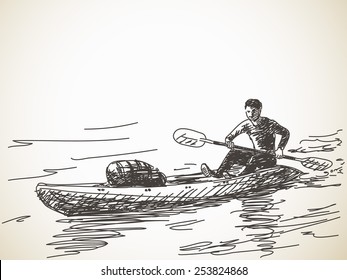 Sketch of kayaking man, Hand drawn Vector illustration