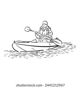 Sketch of kayaking people on river, lake , man , woman. view from front, Hand drawn Vector illustration isolated. Doodle sketch sport.