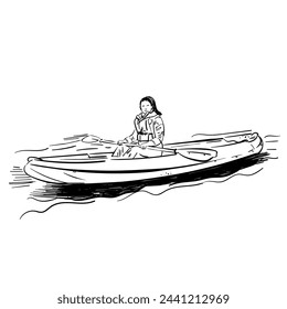 Sketch of kayaking people on river, lake , man , woman. view from front, Hand drawn Vector illustration isolated. Doodle sketch sport.