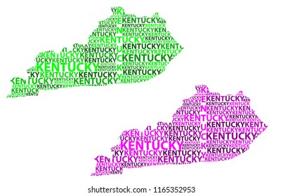 Sketch Kentucky (United States of America) letter text map, Kentucky map - in the shape of the continent, Map Kentucky - green and purple vector illustration