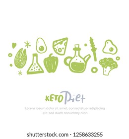 Sketch keto diet banner with lettering on white background. Healthy low carbs food. Ketogenic nutrition concept