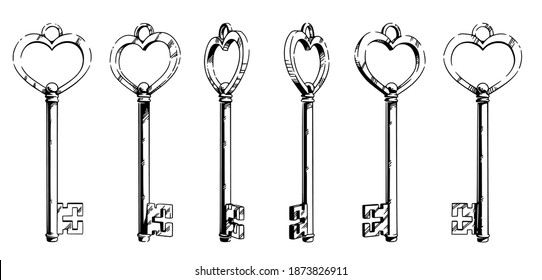 Sketch of a key in the shape of a vintage heart shape from different angles.
