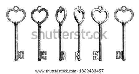 Sketch of a key in the shape of a vintage heart shape from different angles.