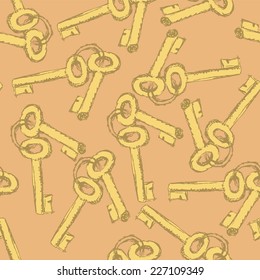 Sketch keys in vintage style, vector Valentine seamless pattern