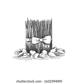 Sketch of Khoncha for Nowruz Holiday. Samani decorated with bow. Sweet pastries such as pakhlava, shekerbura and eggs are placed around. 