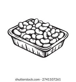 Sketch of kidney beans arranged in a rectangular aluminum food tray