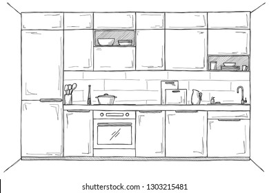 Sketch of the kitchen, front view. Vector illustration.