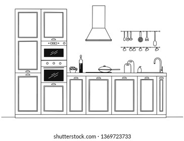 Sketch of the kitchen, front view. Vector illustration.