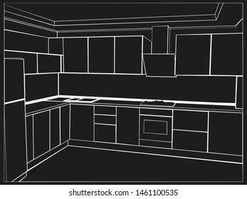 Sketch of kitchen set. Black white vector illustration.