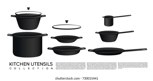 Sketch kitchen utensil collection with different kinds of pans and pots isolated vector illustration