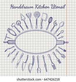 Sketch of kitchen utensil on notebook page. Vector hand drawn crokery set and decorative frame