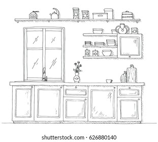 Cozinha de esboço com janela. Ilustração vetorial em estilo de esboço.
