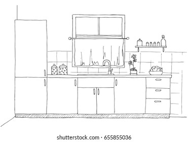 Sketch kitchen with a window. Vector illustration in a sketch style.