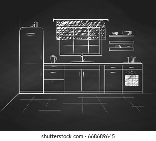 Sketch kitchen with a window. Vector illustration in a sketch style.
