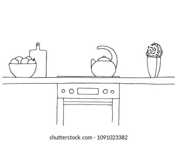 Sketch of the kitchen. Worktop, stove, kettle and other items. Vector illustration