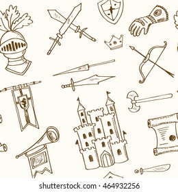 Sketch knight symbols and elements vector seamless pattern