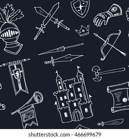 Sketch knight symbols and elements vector seamless pattern