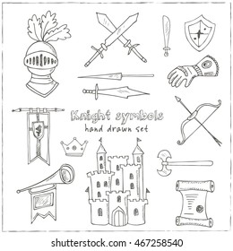 Sketch Knight Symbols And Elements Vector Set.