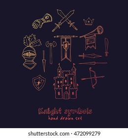 Sketch knight symbols and elements vector set.