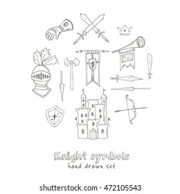 Sketch knight symbols and elements vector set.