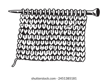 Sketch of knitting needles and bound canvas. Hobby, leisure activity doodle. Outline vector illustration in retro engraving style.