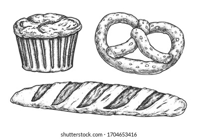 Skizze von Krone und Baguette, Kuchen mit Rosinen. Handgezeichnetes Brot einzeln. Vektorillustration für Bäckerei und Ernte, vegetarisches Essen. Challah und Bretzel. Mit Getreide kaputt. Mehl und Lebensmittel